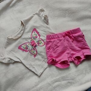Cute 2 Piece Summer Top & Short Set | Butterfly Ruffles Pink | 2T